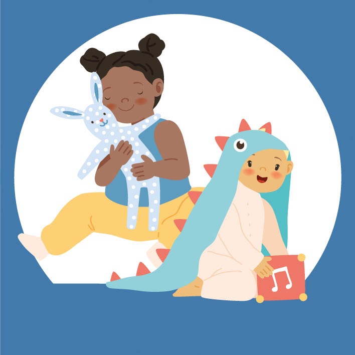 Early Years facebook page logo child cuddling a toy rabbit another child under dinosaur blanket