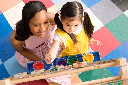 Woman with a young girl painting