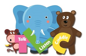 TLC logo small brown monkey on the left, large blue elephant in the middle and a brown bear on the right