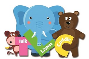 TLC logo small brown monkey on the left, large blue elephant in the middle and a brown bear on the right