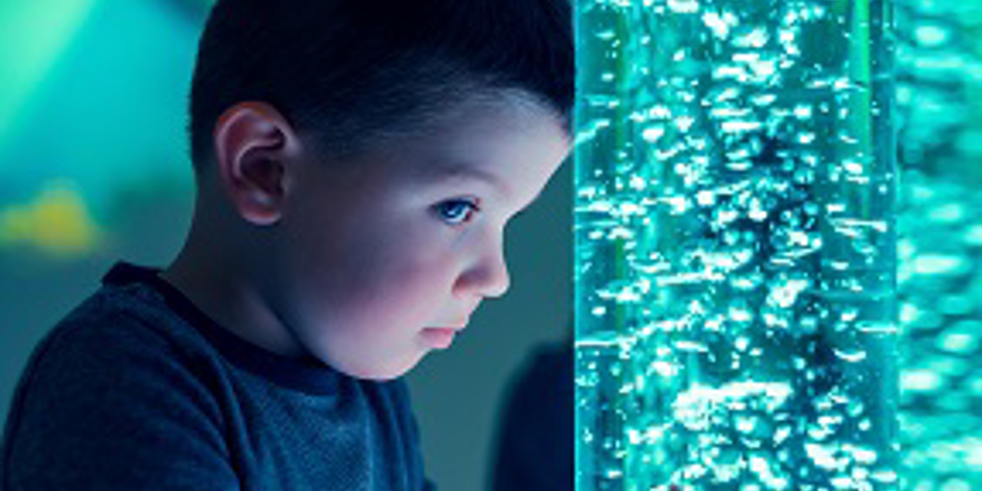 Little boy looking at a sensory bubble lamp