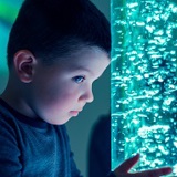 Little boy looking at a sensory bubble lamp