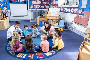 Children in class sitting on the floor in a circle with the practitioner