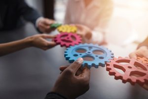 hands holding cogs fitting together